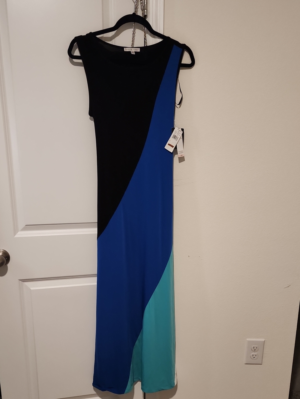 Sandra Darren Black, Royal Blue & Teal Diagonal Colorblock Maxi Dress